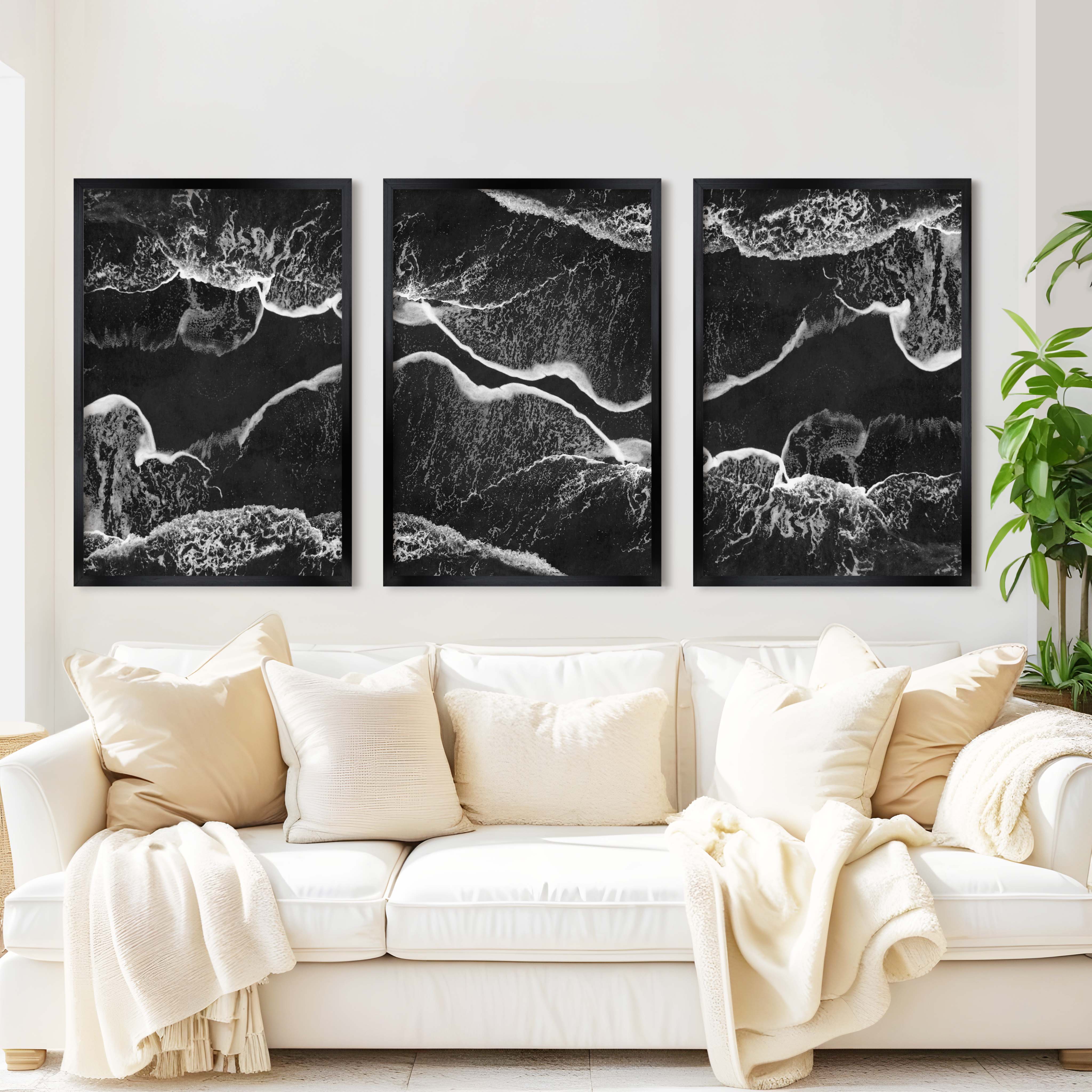 Black and White Coastal Art – Abstract Shoreline Waves - Black Framed Poster No Border - Artworksets