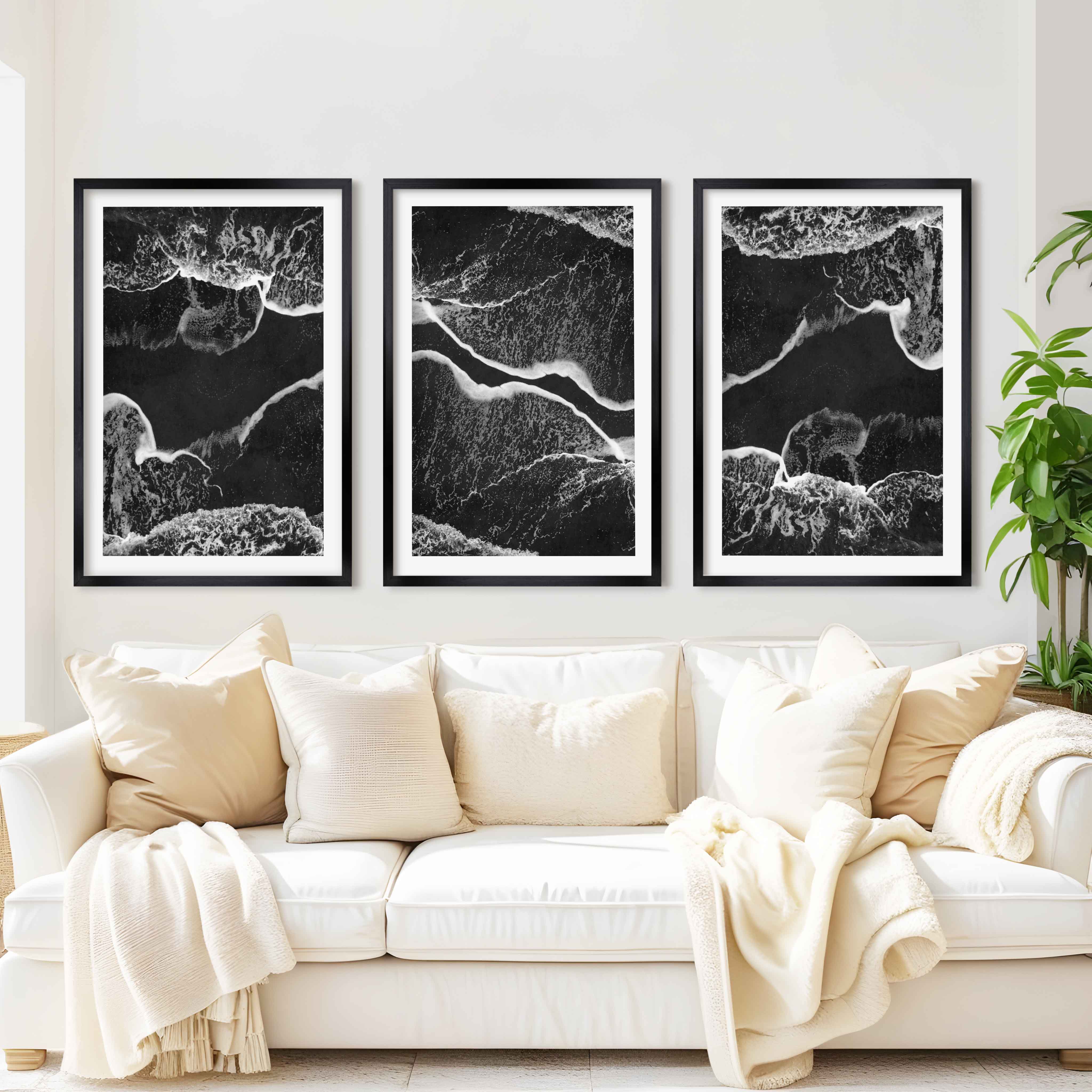 Black and White Coastal Art – Abstract Shoreline Waves - Black Framed Poster with White Border - Artworksets