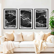 Black and White Coastal Art – Abstract Shoreline Waves - Black Framed Poster with White Border - Artworksets