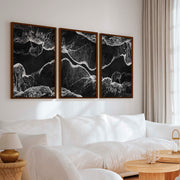 Black and White Coastal Art – Abstract Shoreline Waves - Dark Brown Framed Poster No Border - Artworksets