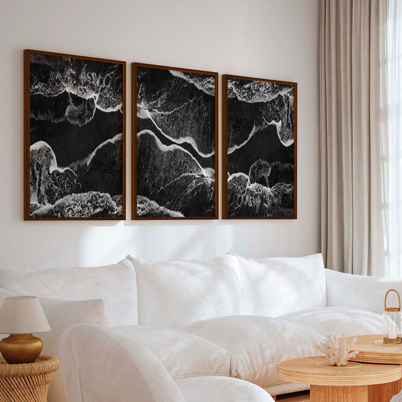 Black and White Coastal Art – Abstract Shoreline Waves - Dark Brown Framed Poster No Border - Artworksets