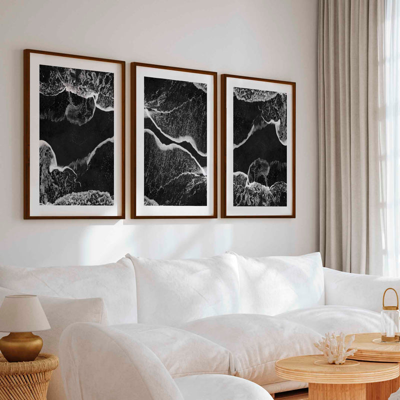 Black and White Coastal Art – Abstract Shoreline Waves - Dark Brown Framed Poster with White Border - Artworksets