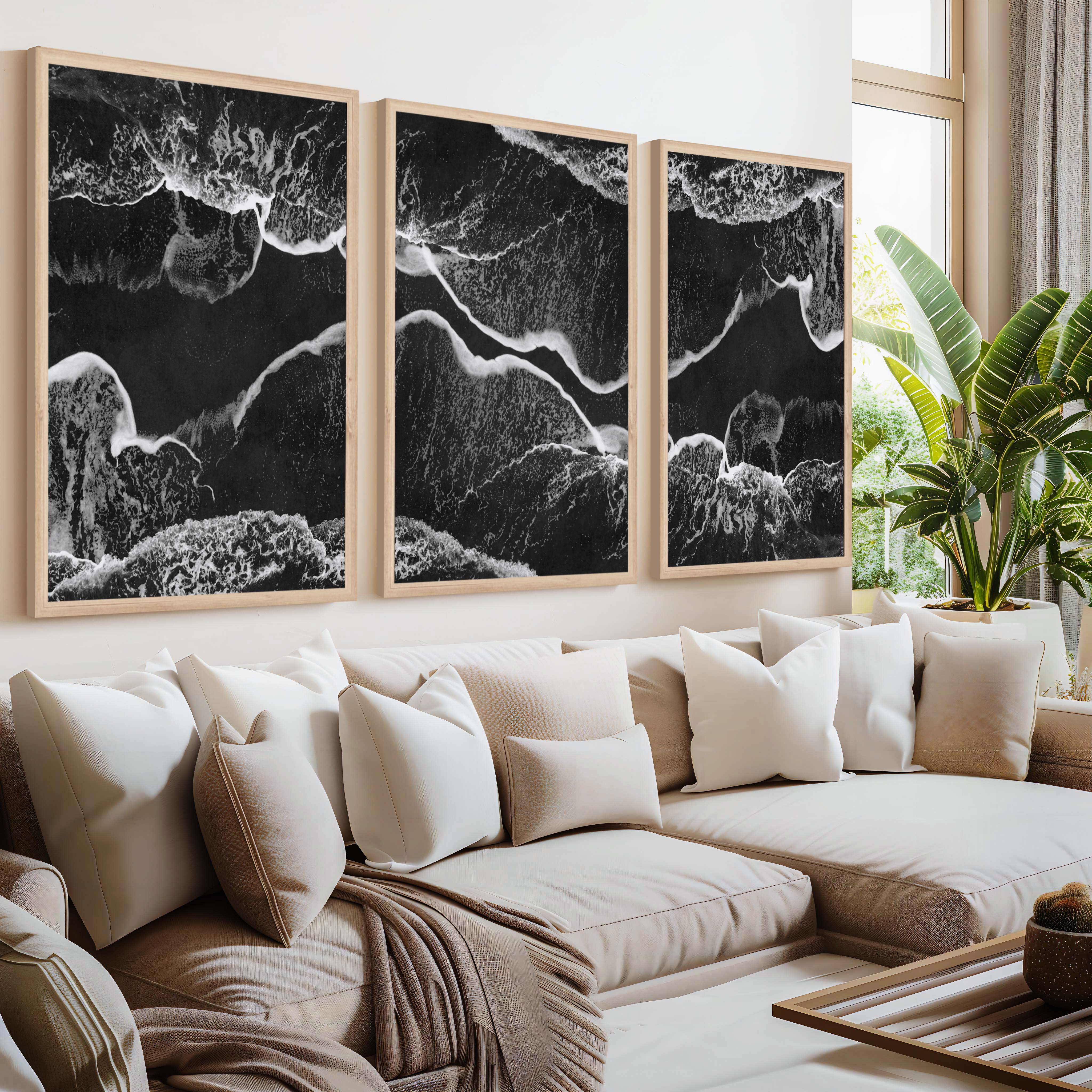 Black and White Coastal Art – Abstract Shoreline Waves - Natural Wood Framed Poster No Border - Artworksets