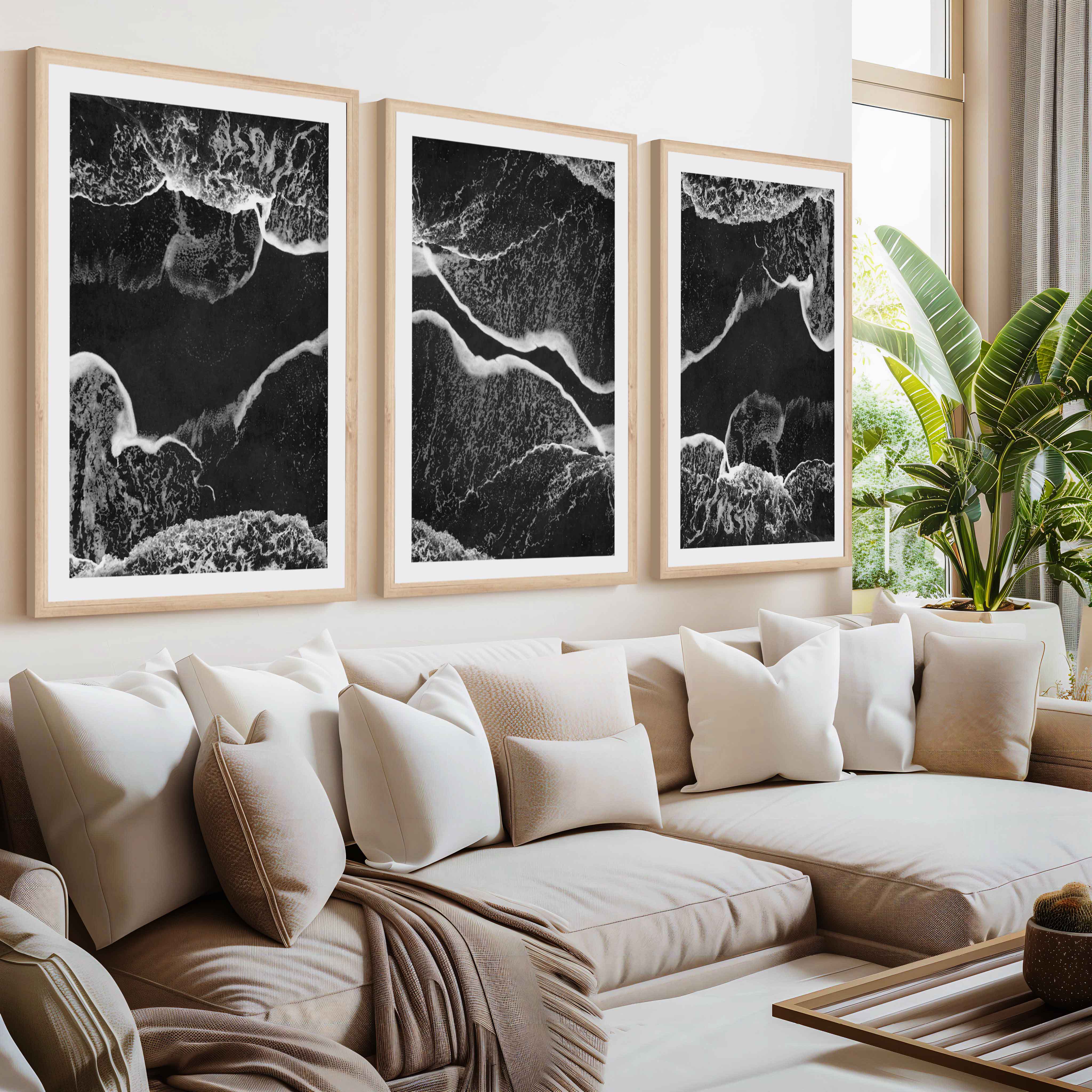 Black and White Coastal Art – Abstract Shoreline Waves- Natural Wood Framed Poster with White Border - Artworksets