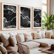 Black and White Coastal Art – Abstract Shoreline Waves- Natural Wood Framed Poster with White Border - Artworksets