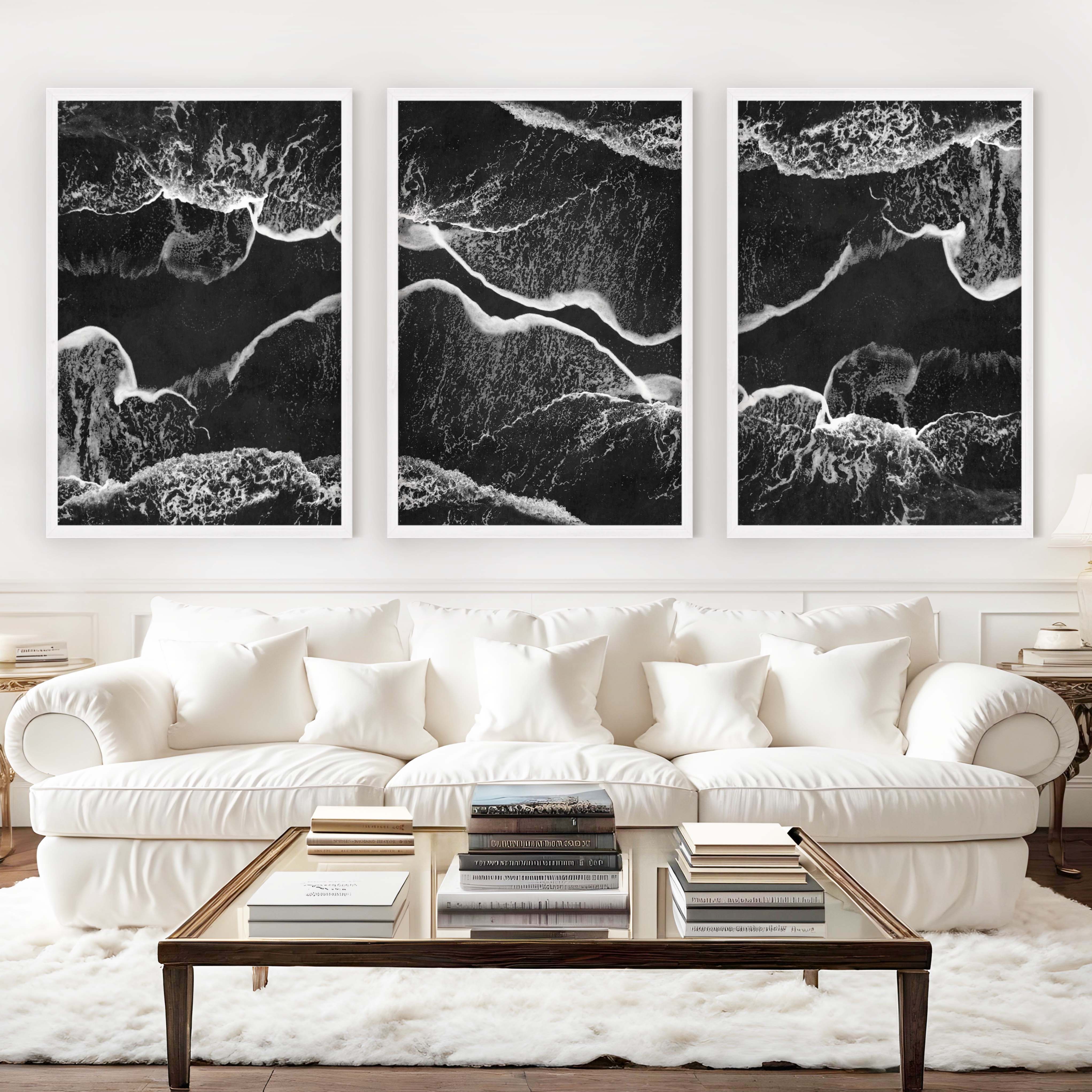Black and White Coastal Art – Abstract Shoreline Waves - White Framed Poster No Border - Artworksets
