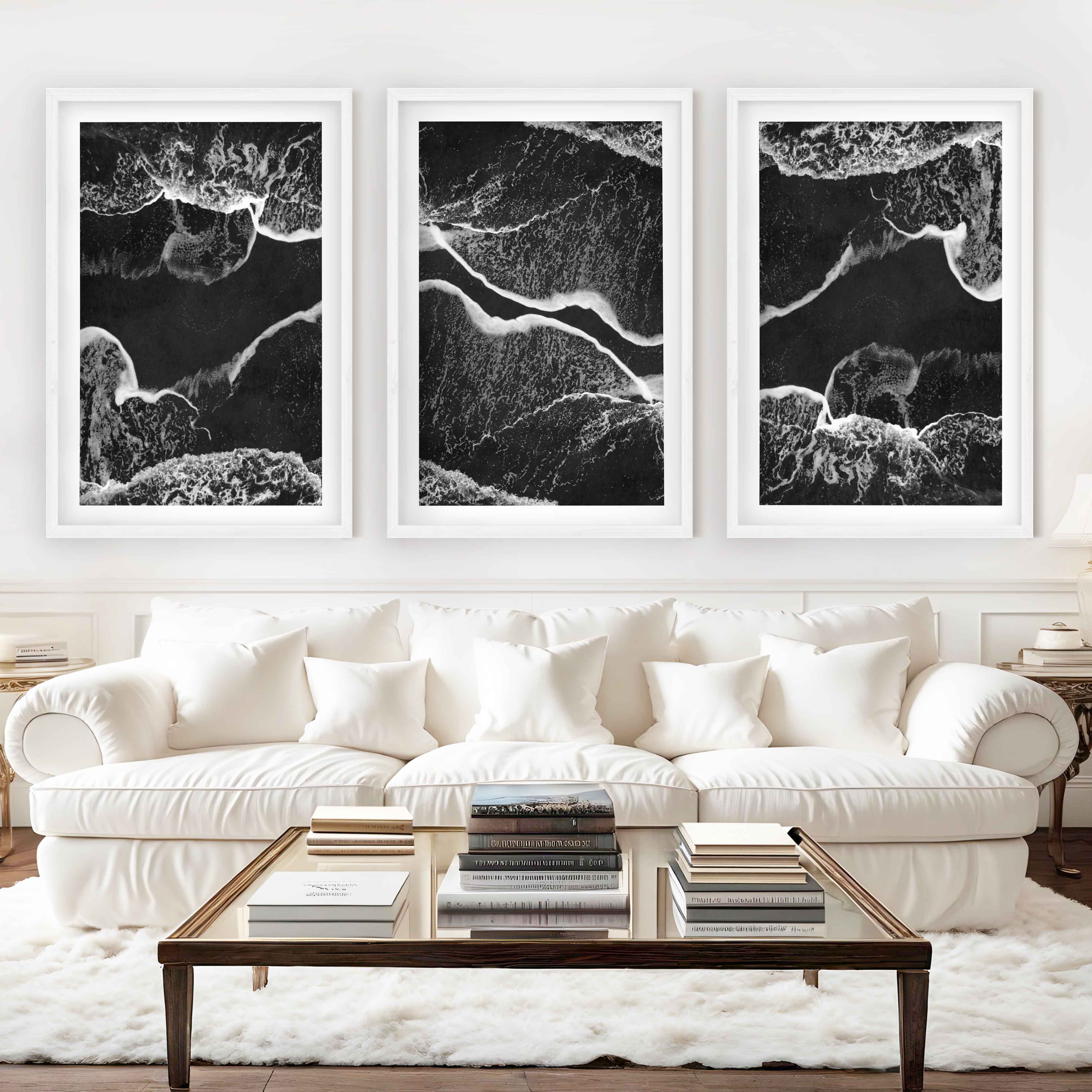 Black and White Coastal Art – Abstract Shoreline Waves - White Framed Poster with White Border - Artworksets