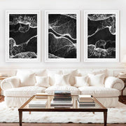 Black and White Coastal Art – Abstract Shoreline Waves - White Framed Poster with White Border - Artworksets