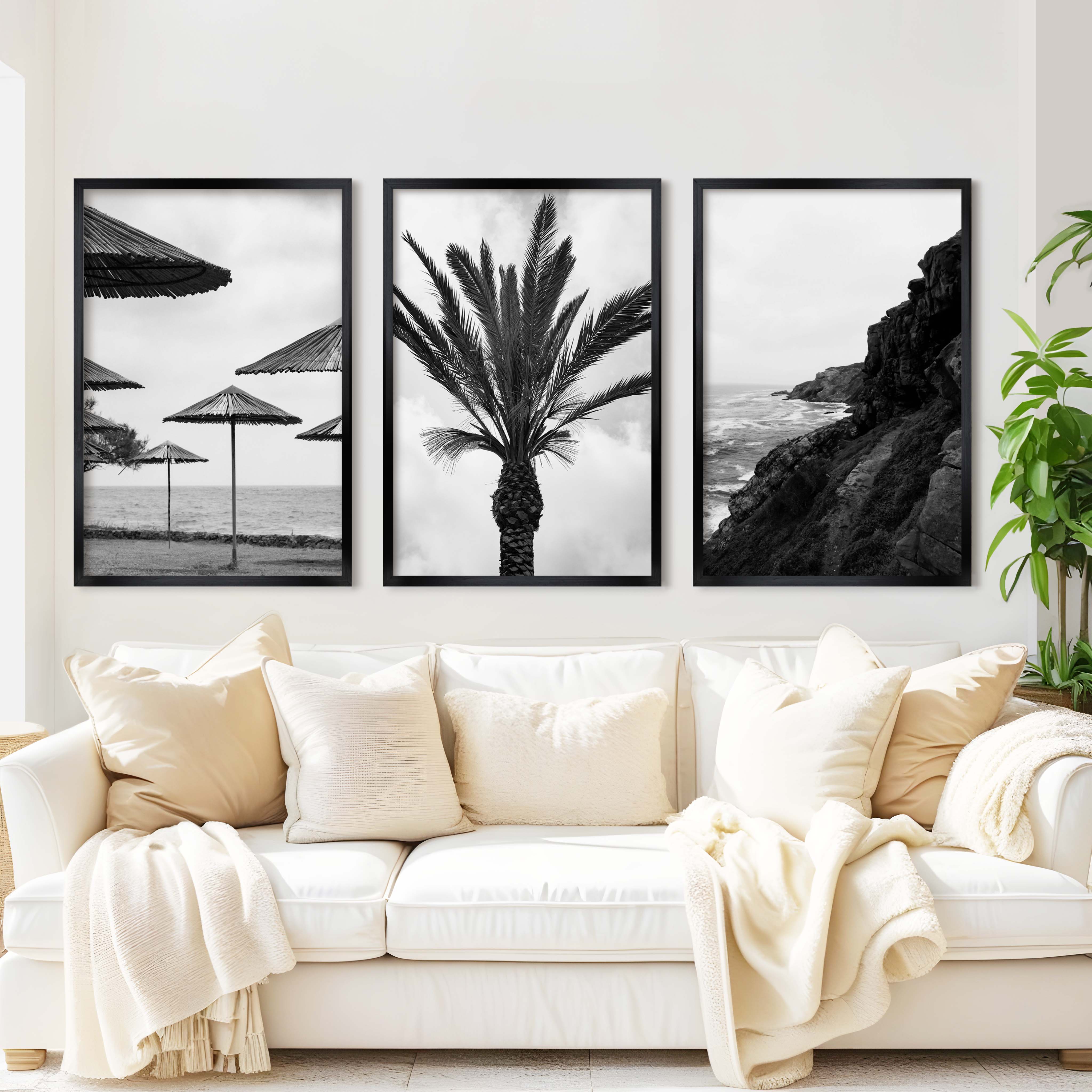 Black and White Coastal Wall Art – Ocean, Rocks and Palms - Black Framed Poster No Border - Artworksets