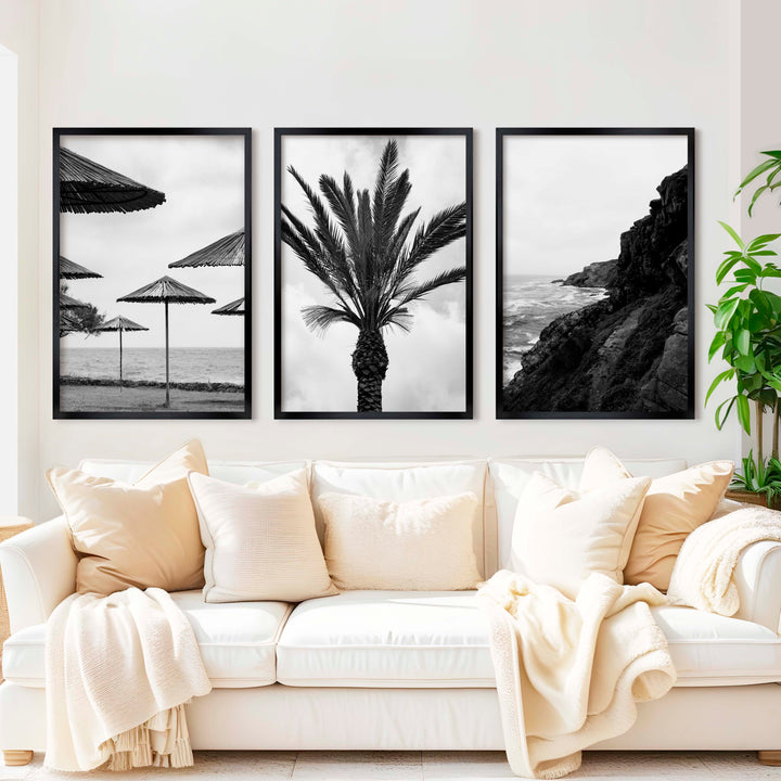 Black and White Coastal Wall Art – Ocean, Rocks and Palms - Black Framed Poster No Border - Artworksets