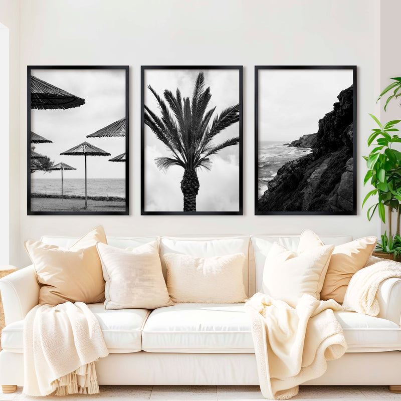 Black and White Coastal Wall Art – Ocean, Rocks and Palms - Black Framed Poster No Border - Artworksets