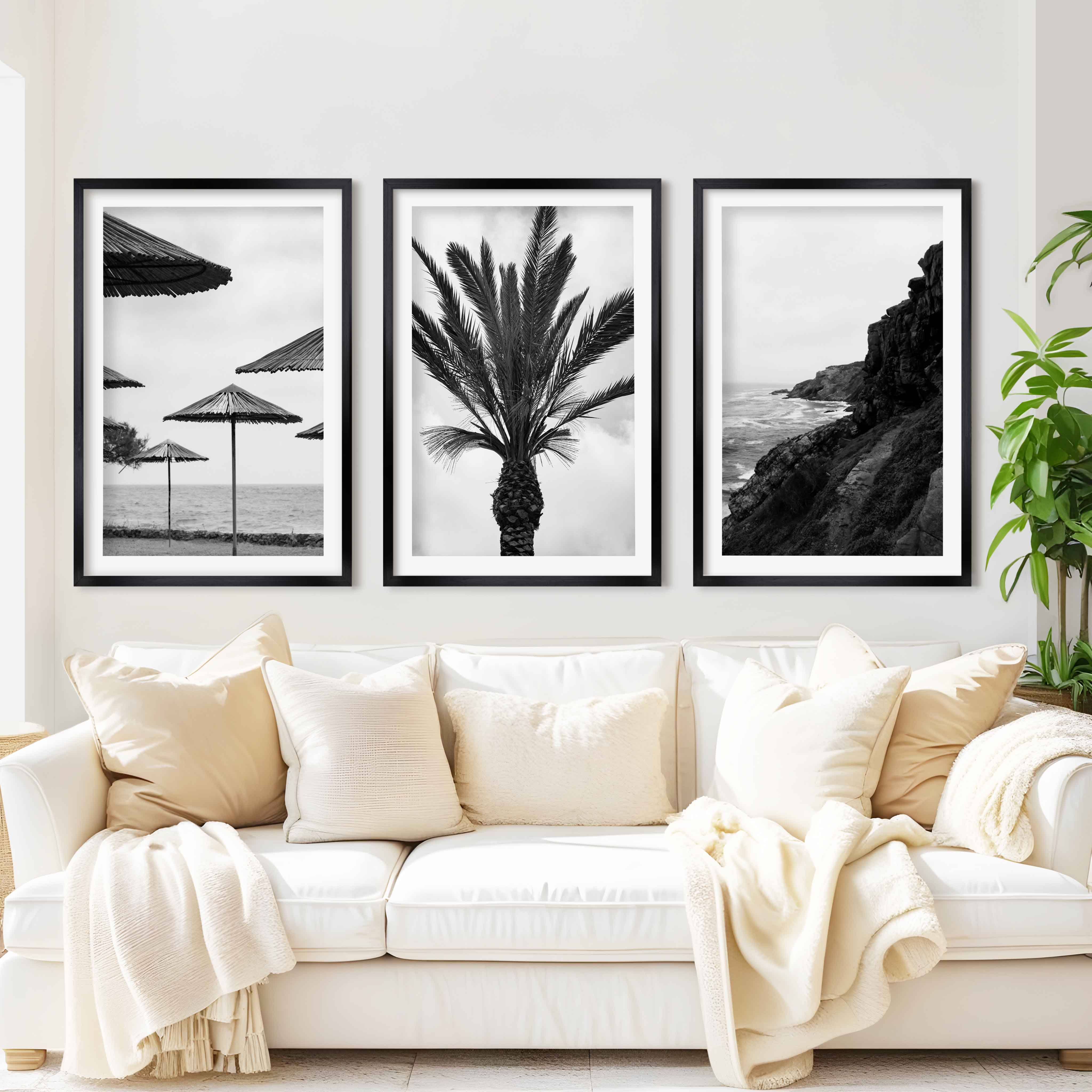 Black and White Coastal Wall Art – Ocean, Rocks and Palms - Black Framed Poster with White Border - Artworksets