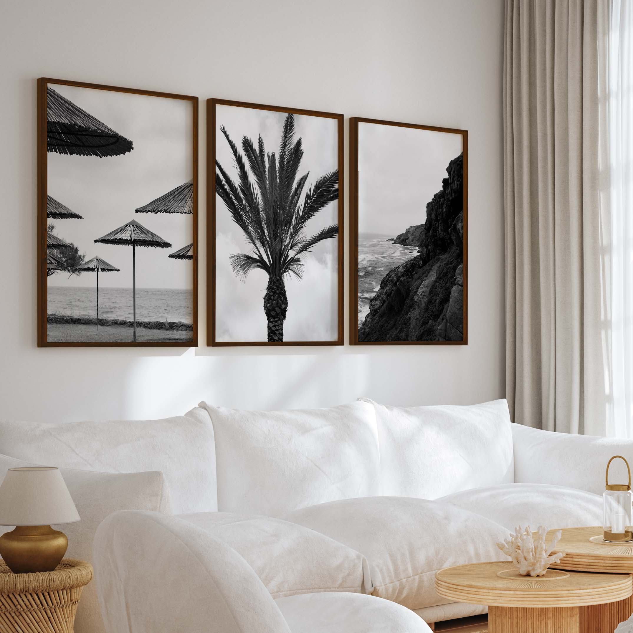 Black and White Coastal Wall Art – Ocean, Rocks and Palms - Dark Brown Framed Poster No Border - Artworksets