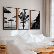 Black and White Coastal Wall Art – Ocean, Rocks and Palms - Dark Brown Framed Poster No Border - Artworksets