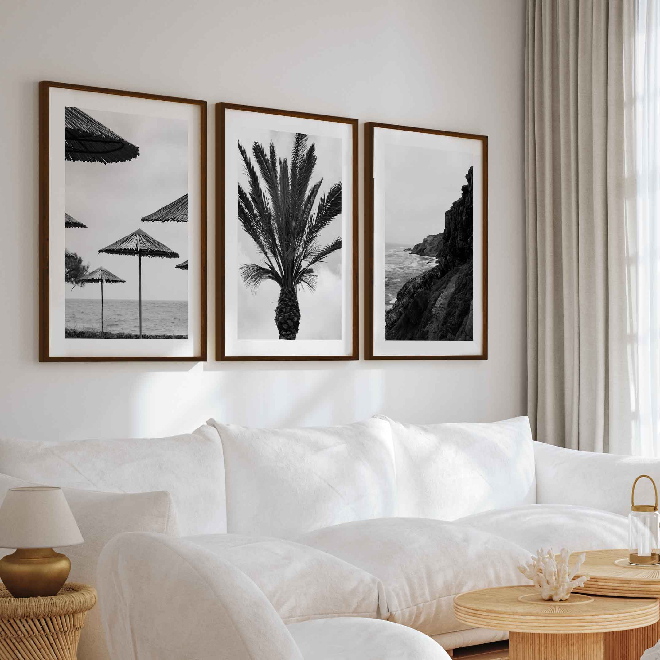 Black and White Coastal Wall Art – Ocean, Rocks and Palms - Dark Brown Framed Poster with White Border - Artworksets