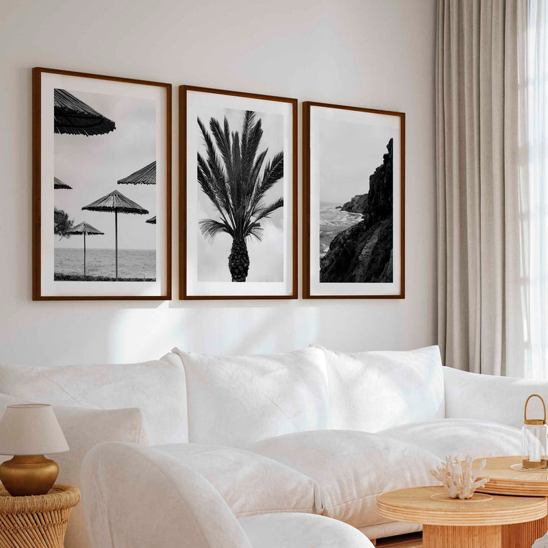 Black and White Coastal Wall Art – Ocean, Rocks and Palms - Dark Brown Framed Poster with White Border - Artworksets