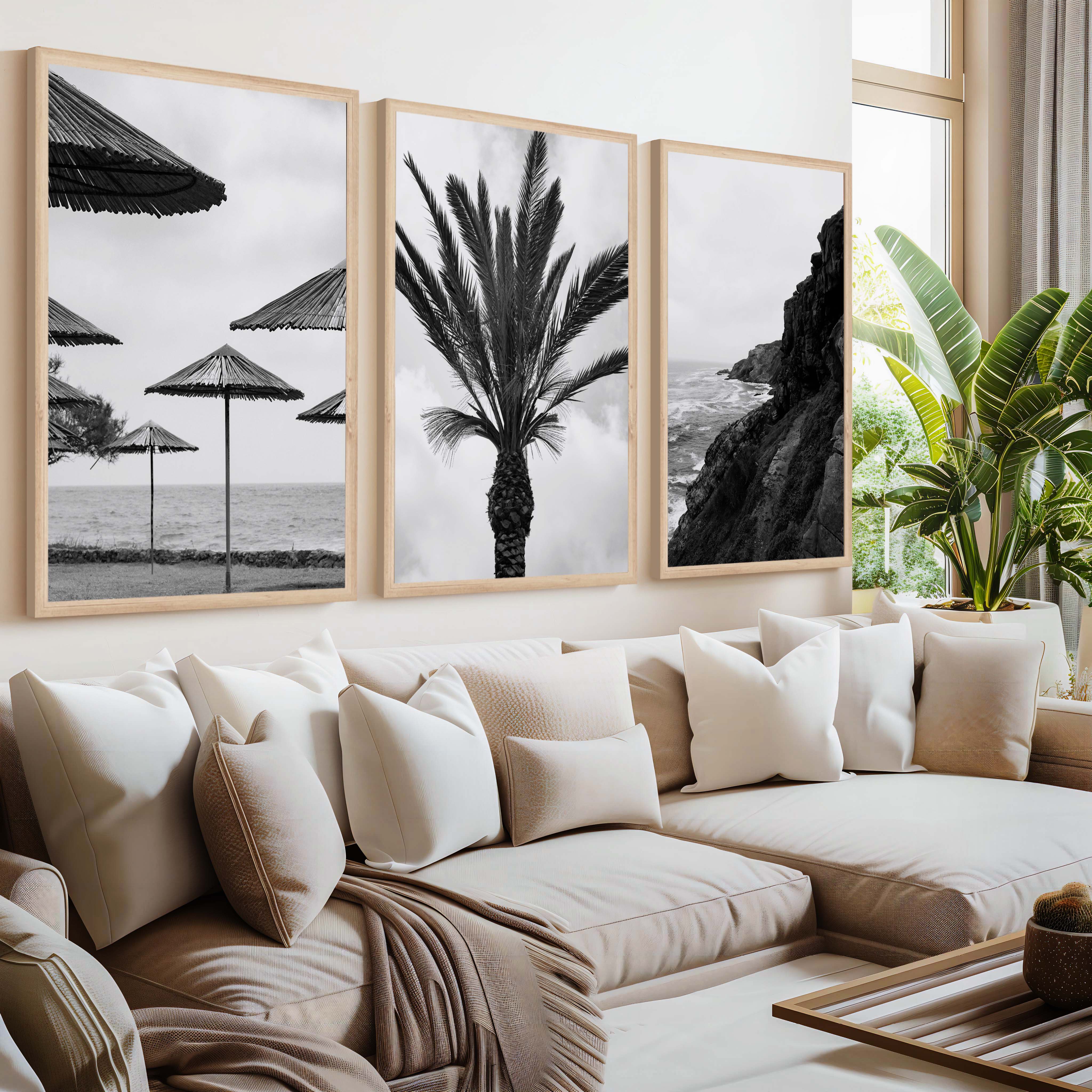 Black and White Coastal Wall Art – Ocean, Rocks and Palms - Natural Wood Framed Poster No Border - Artworksets