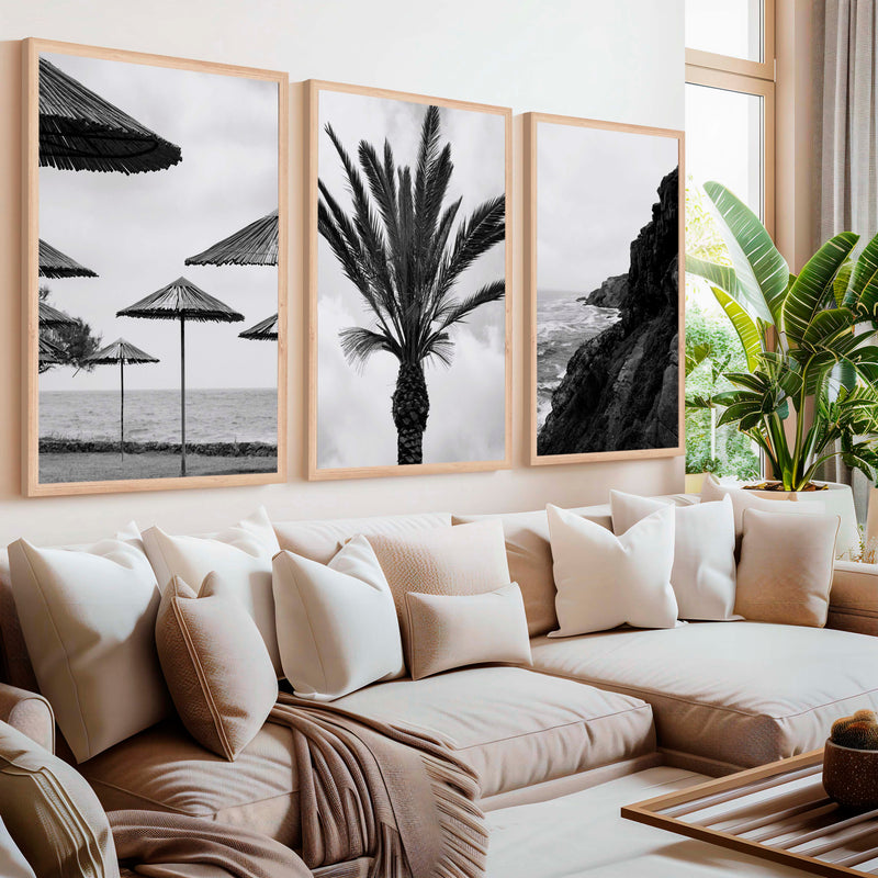 Black and White Coastal Wall Art – Ocean, Rocks and Palms - Natural Wood Framed Poster No Border - Artworksets