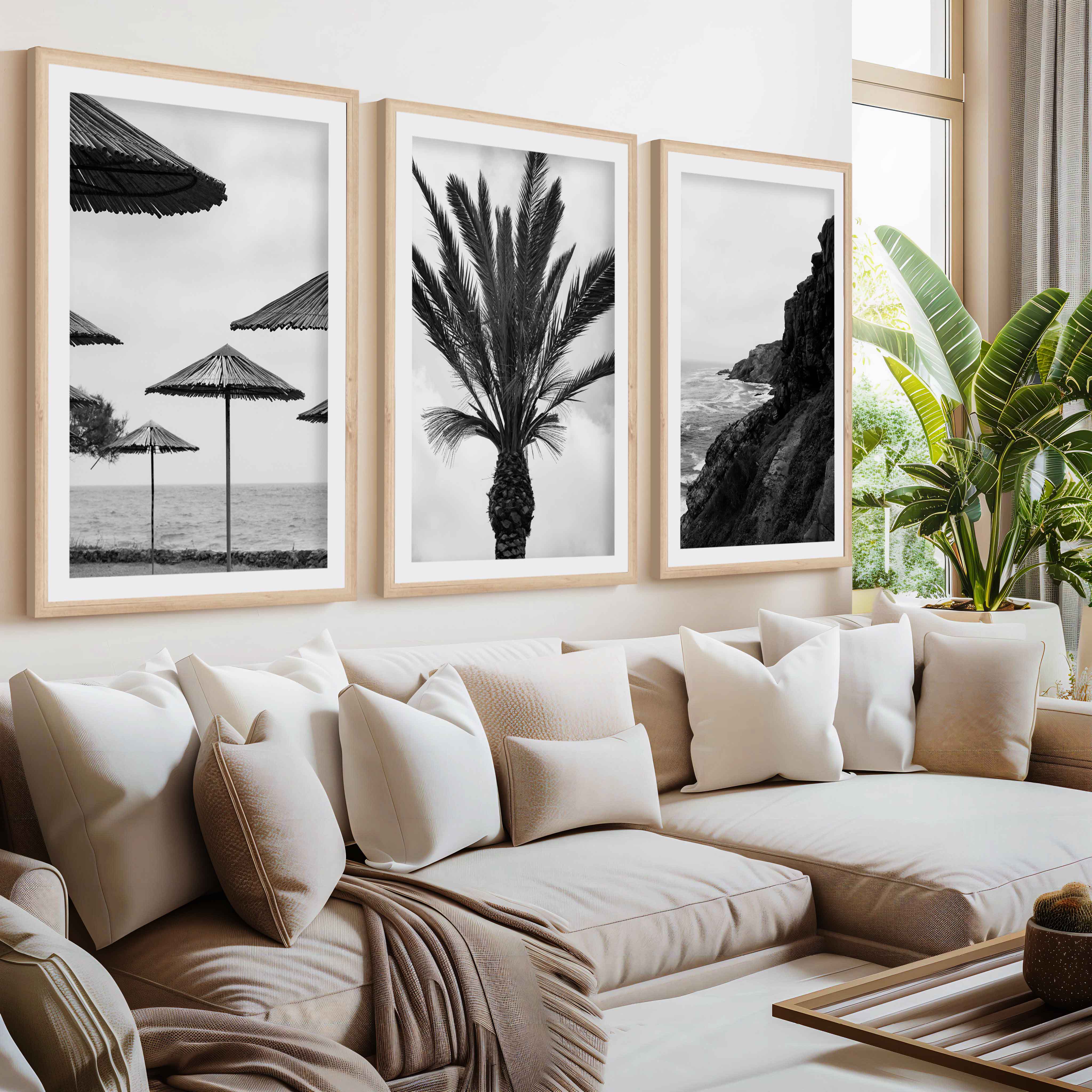 Black and White Coastal Wall Art – Ocean, Rocks and Palms- Natural Wood Framed Poster with White Border - Artworksets