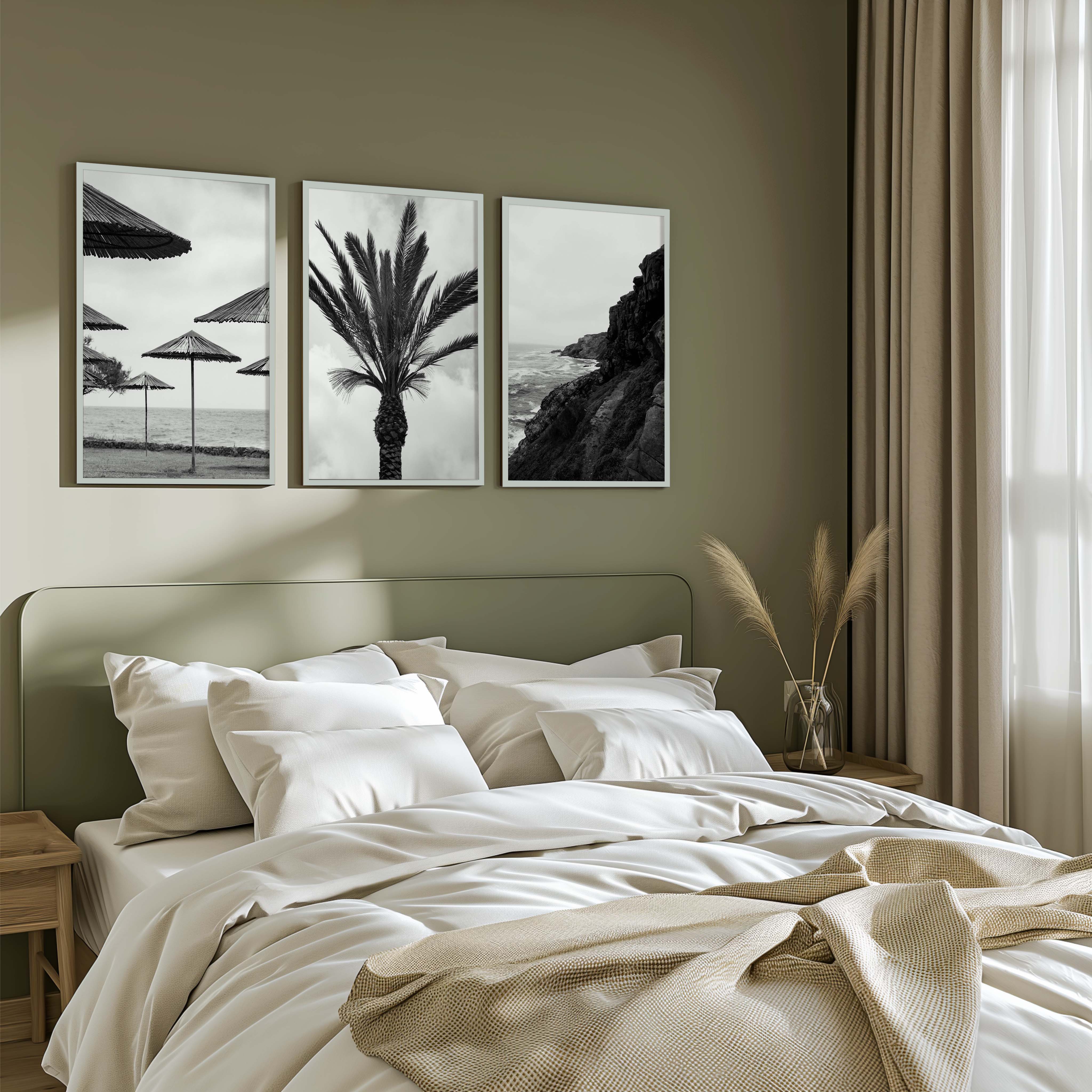 Black and White Coastal Wall Art – Ocean, Rocks and Palms - White Framed Poster No Border - Artworksets