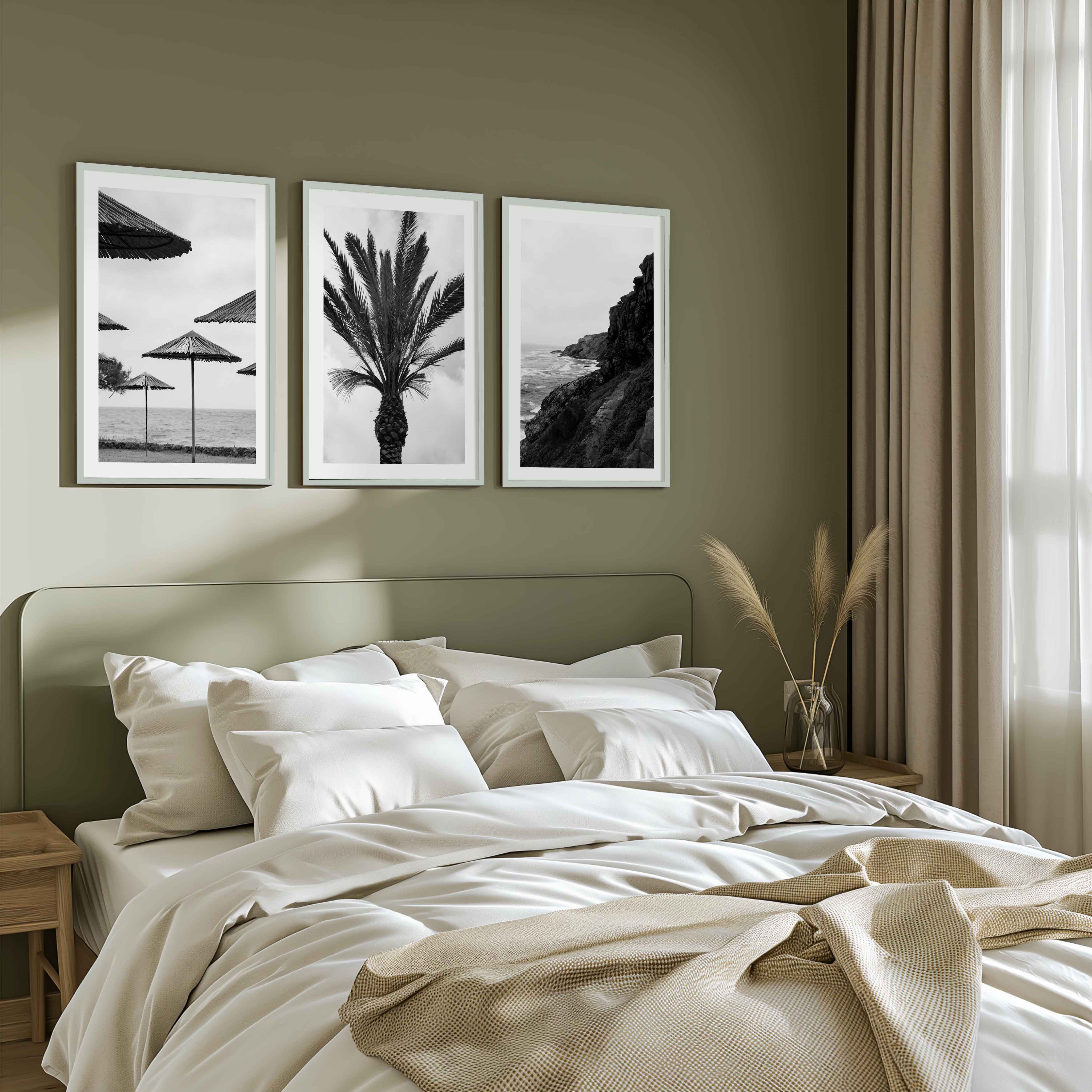 Black and White Coastal Wall Art – Ocean, Rocks and Palms - White Framed Poster with White Border - Artworksets