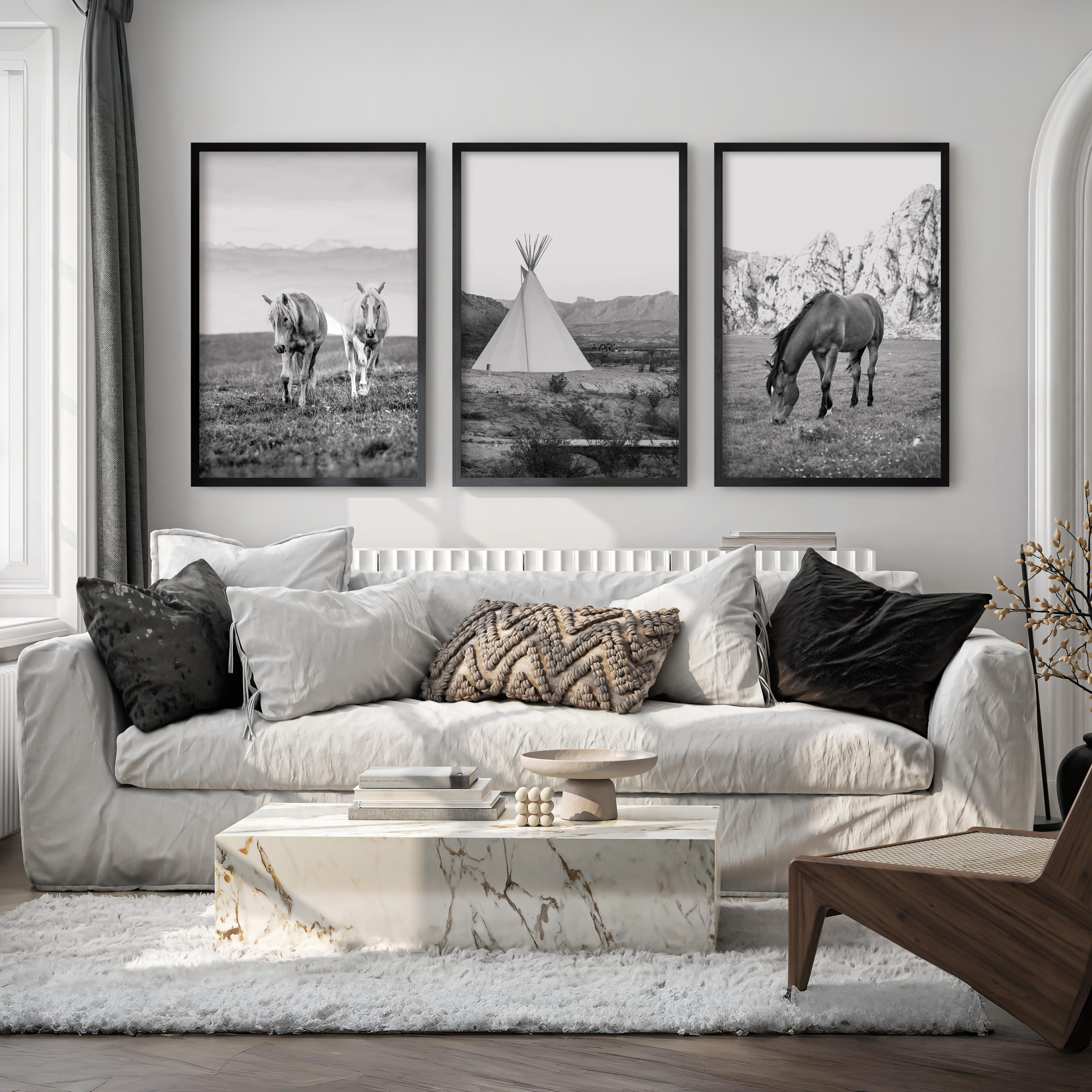 Black White Western Wall Art Set. Desert, Horses, Tepee - Black Framed Poster No Border - Artworksets