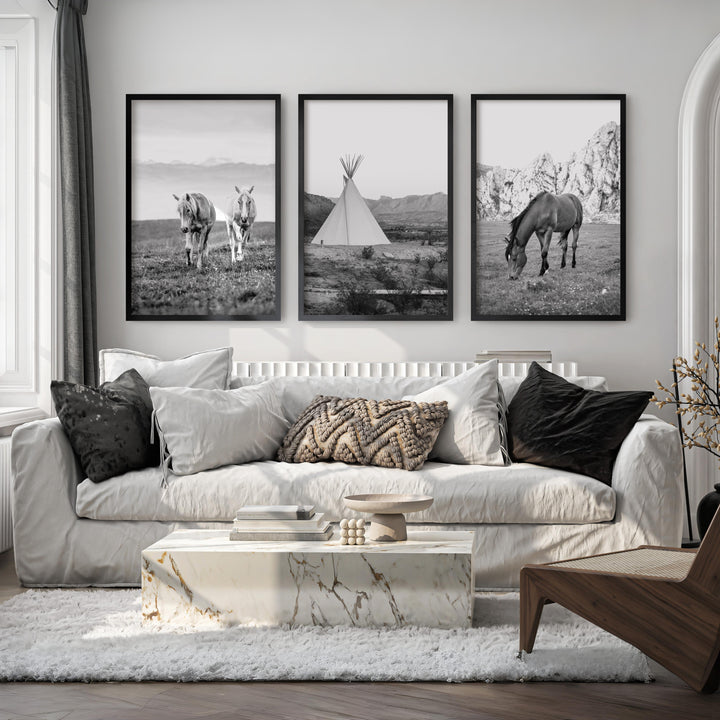 Black White Western Wall Art Set. Desert, Horses, Tepee - Black Framed Poster No Border - Artworksets
