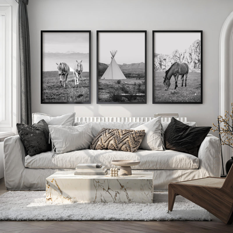 Black White Western Wall Art Set. Desert, Horses, Tepee - Black Framed Poster No Border - Artworksets