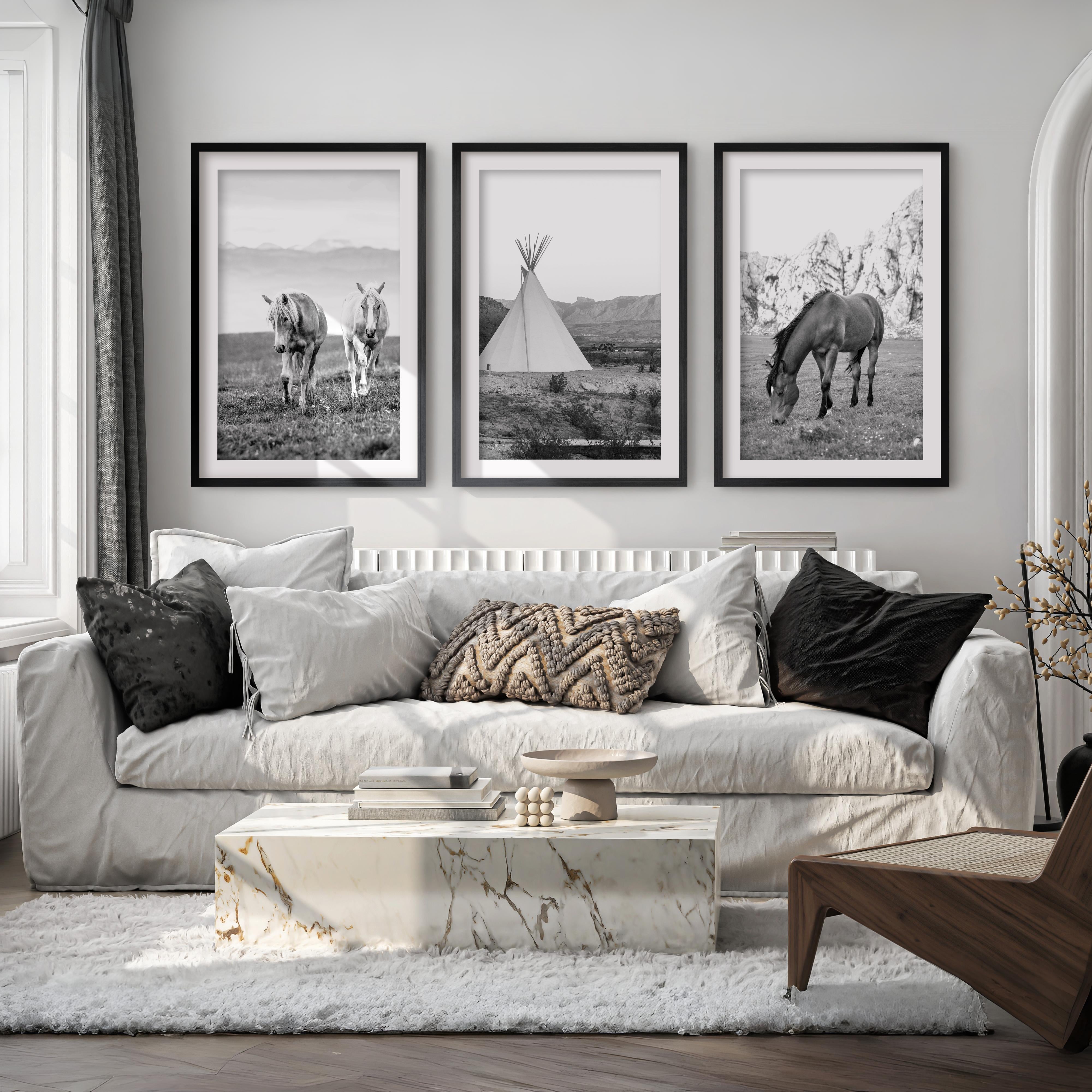 Black White Western Wall Art Set. Desert, Horses, Tepee - Black Framed Poster with White Border - Artworksets
