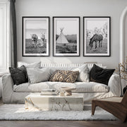 Black White Western Wall Art Set. Desert, Horses, Tepee - Black Framed Poster with White Border - Artworksets