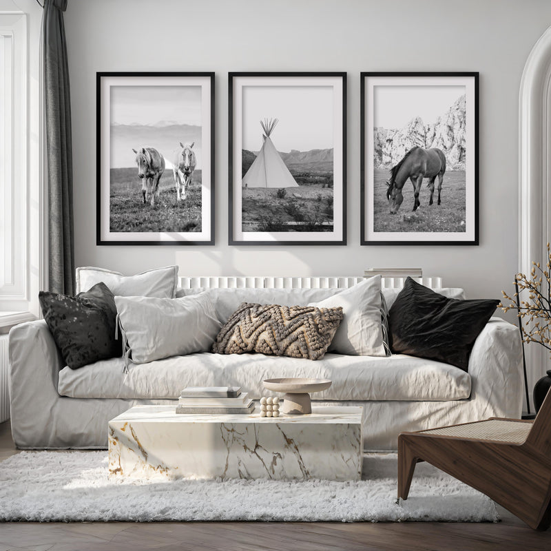 Black White Western Wall Art Set. Desert, Horses, Tepee - Black Framed Poster with White Border - Artworksets