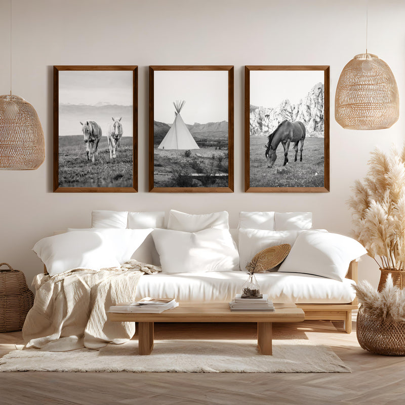 Black White Western Wall Art Set. Desert, Horses, Tepee - Dark Brown Framed Poster No Border - Artworksets