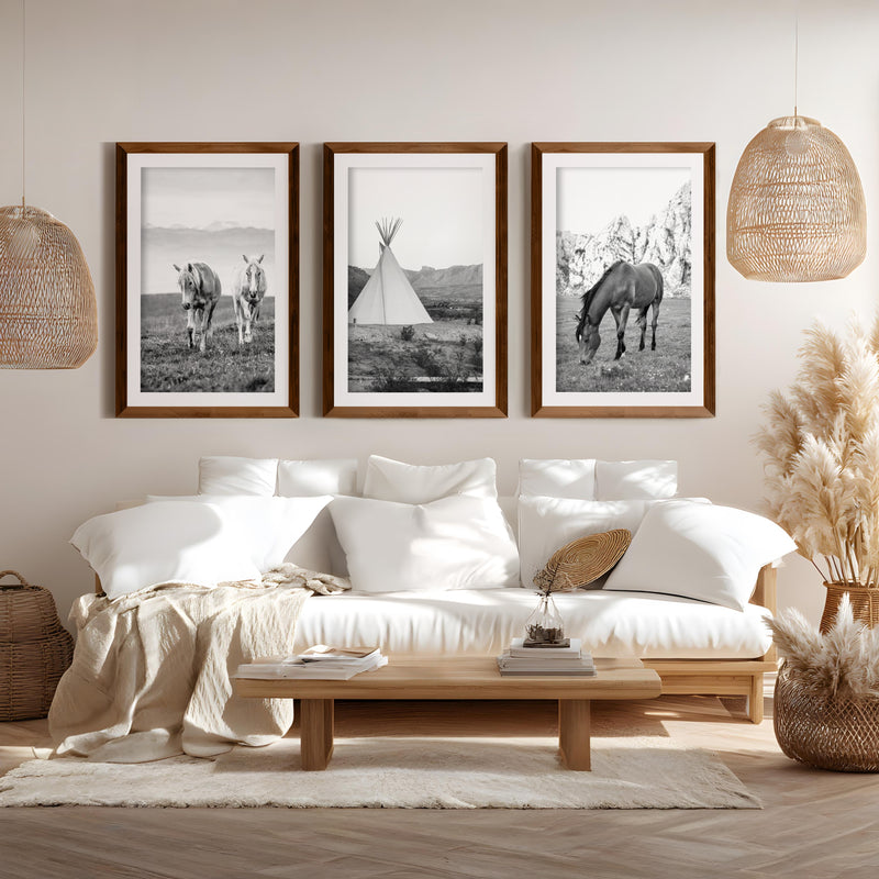 Black White Western Wall Art Set. Desert, Horses, Tepee - Dark Brown Framed Poster with White Border - Artworksets