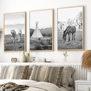 Black White Western Wall Art Set. Desert, Horses, Tepee - Natural Wood Framed Poster No Border - Artworksets