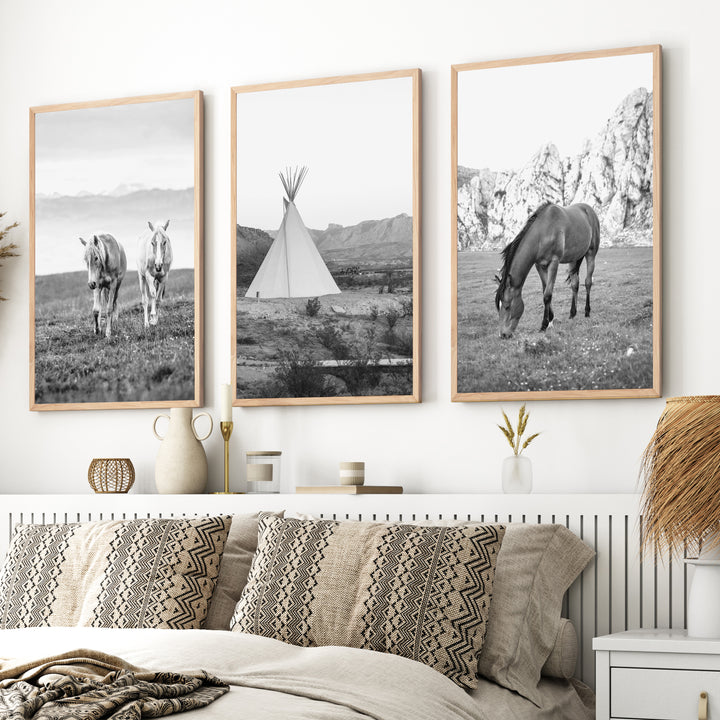 Black White Western Wall Art Set. Desert, Horses, Tepee - Natural Wood Framed Poster No Border - Artworksets