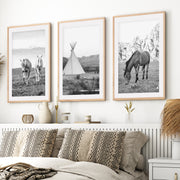 Black White Western Wall Art Set. Desert, Horses, Tepee- Natural Wood Framed Poster with White Border - Artworksets