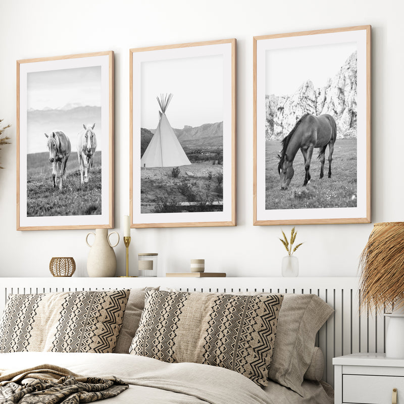 Black White Western Wall Art Set. Desert, Horses, Tepee- Natural Wood Framed Poster with White Border - Artworksets
