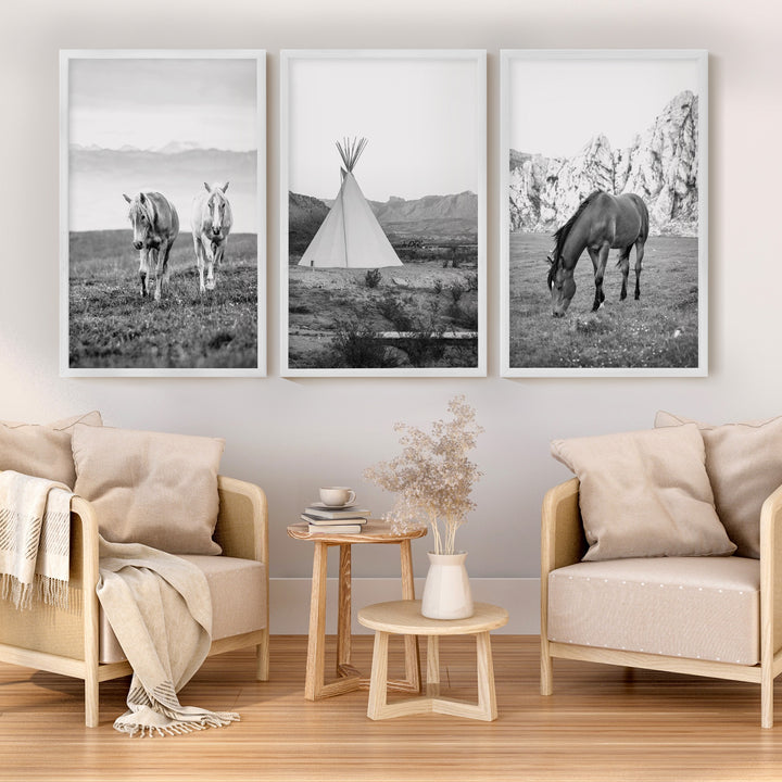Black White Western Wall Art Set. Desert, Horses, Tepee - White Framed Poster No Border - Artworksets