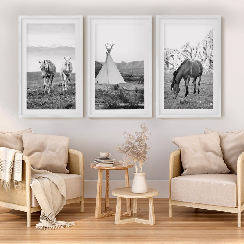 Black White Western Wall Art Set. Desert, Horses, Tepee - White Framed Poster with White Border - Artworksets