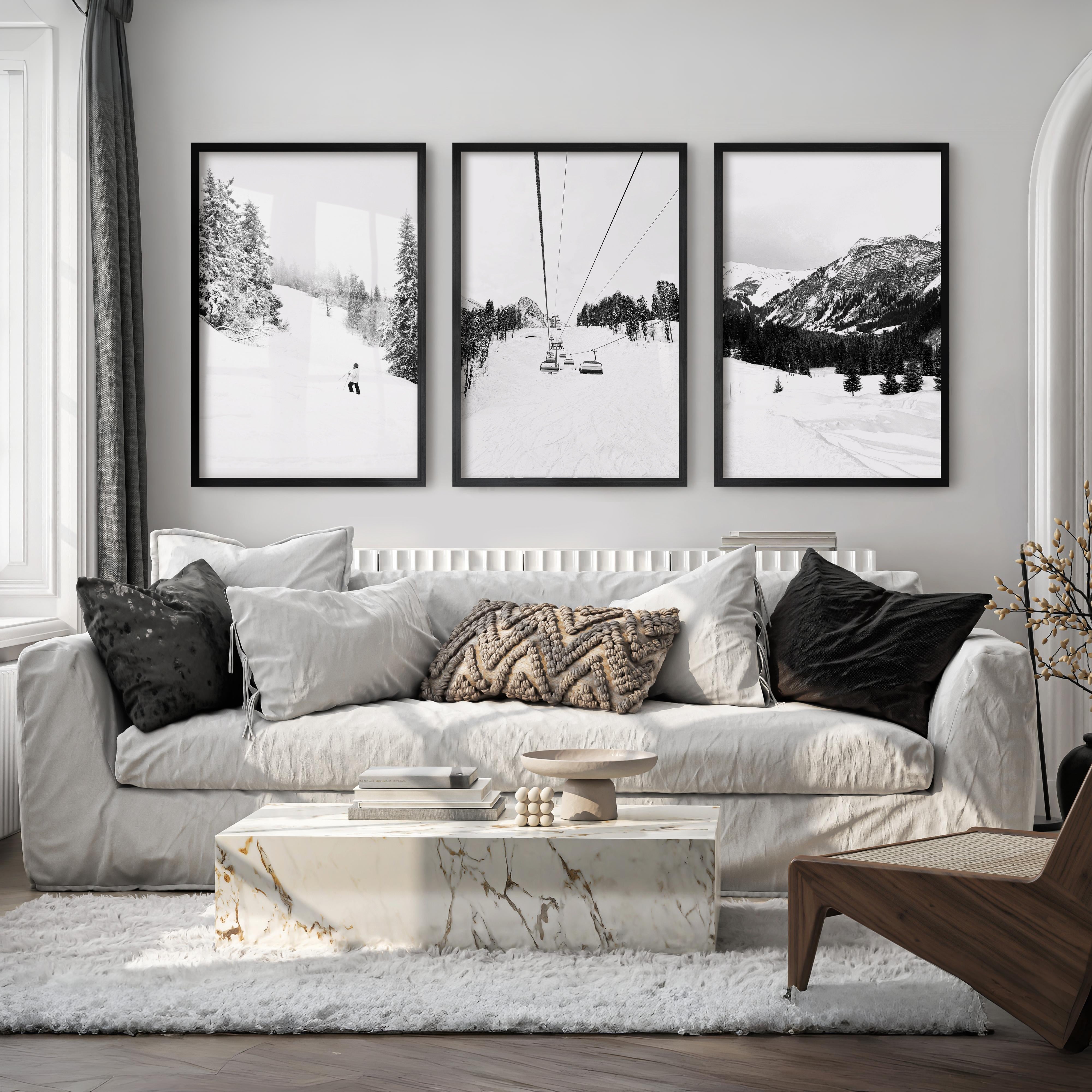 3 Piece Black White Winter Sport Wall Art Set. Ski Lodge - Black Framed Poster No Border - Artworksets