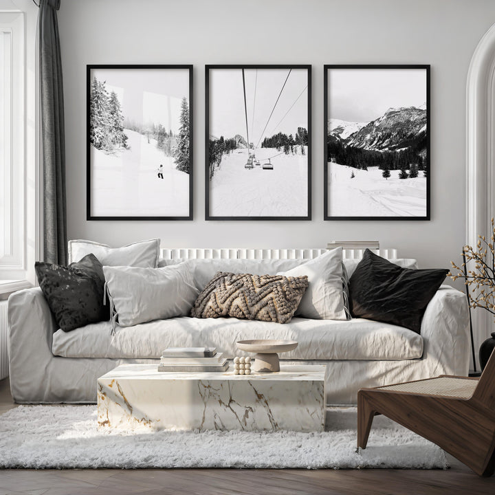 3 Piece Black White Winter Sport Wall Art Set. Ski Lodge - Black Framed Poster No Border - Artworksets