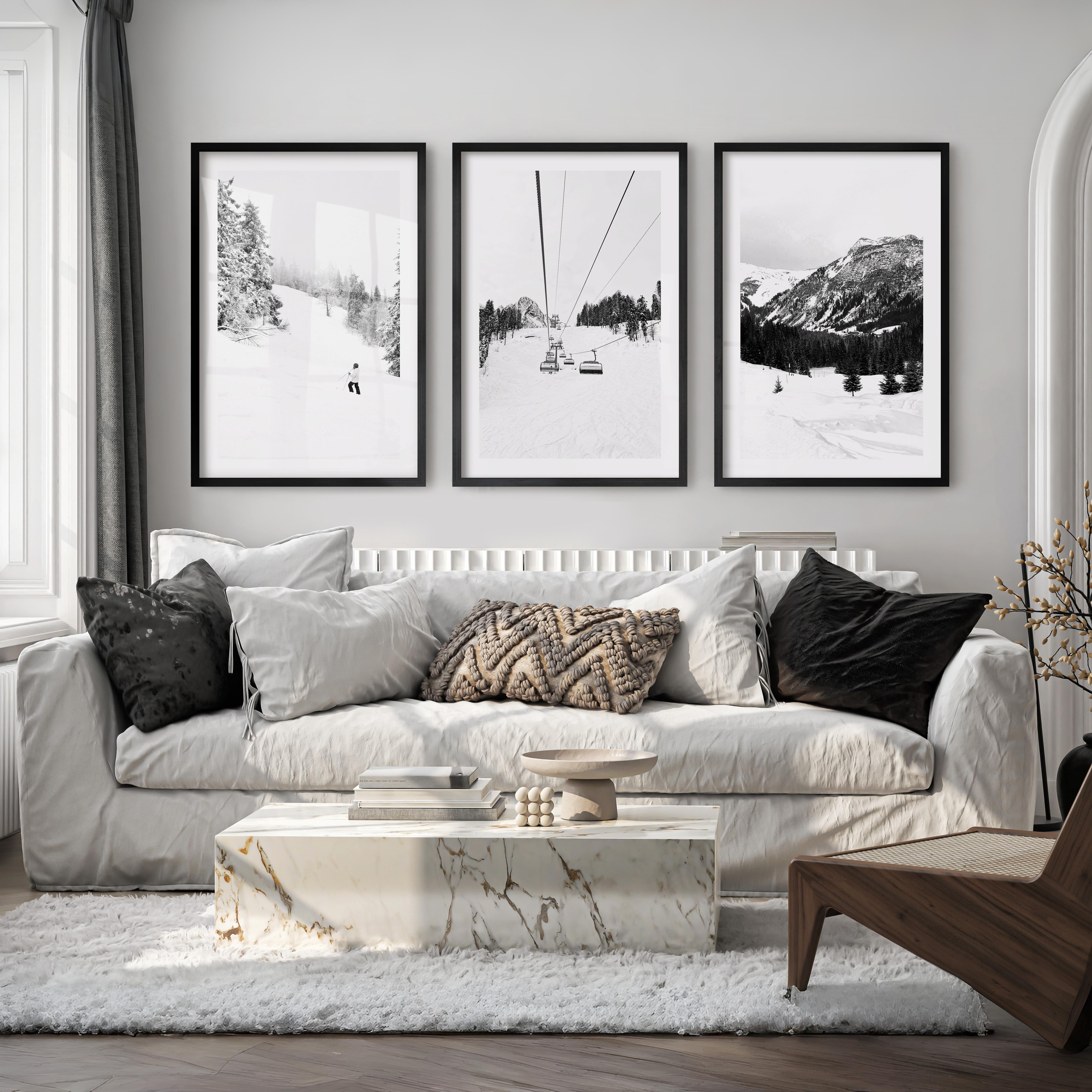 3 Piece Black White Winter Sport Wall Art Set. Ski Lodge - Black Framed Poster with White Border - Artworksets