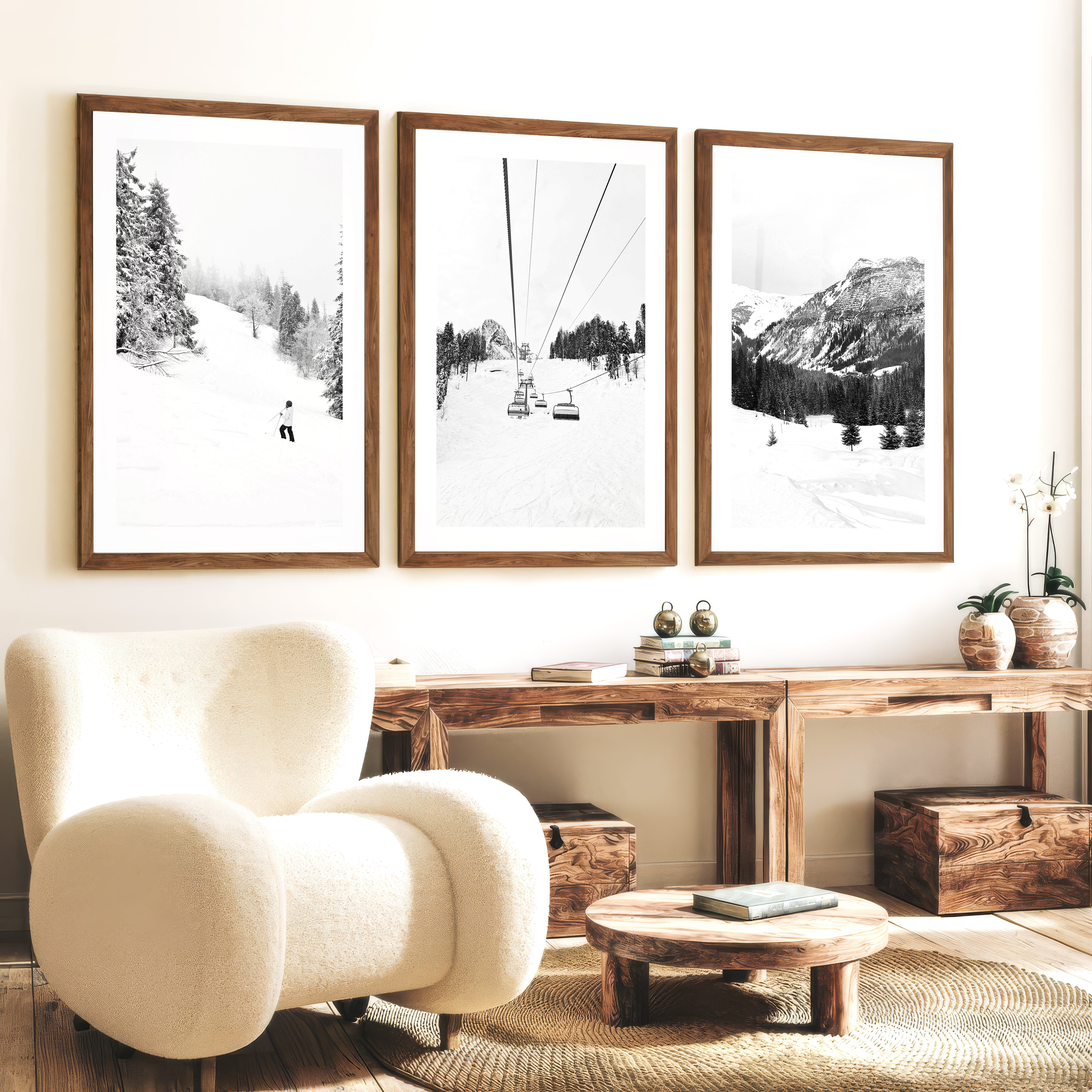 3 Piece Black White Winter Sport Wall Art Set. Ski Lodge - Dark Brown Framed Poster with White Border - Artworksets