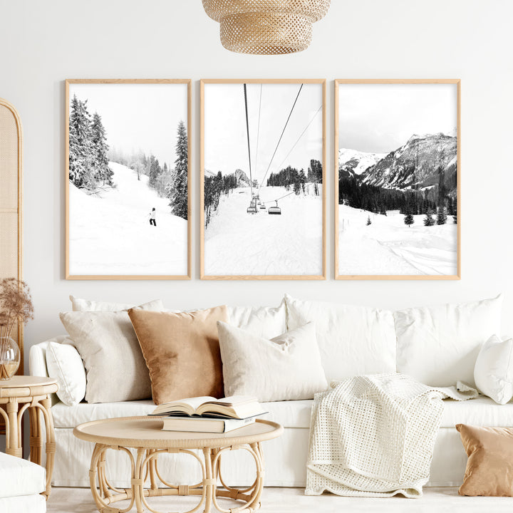 3 Piece Black White Winter Sport Wall Art Set. Ski Lodge - Natural Wood Framed Poster No Border - Artworksets
