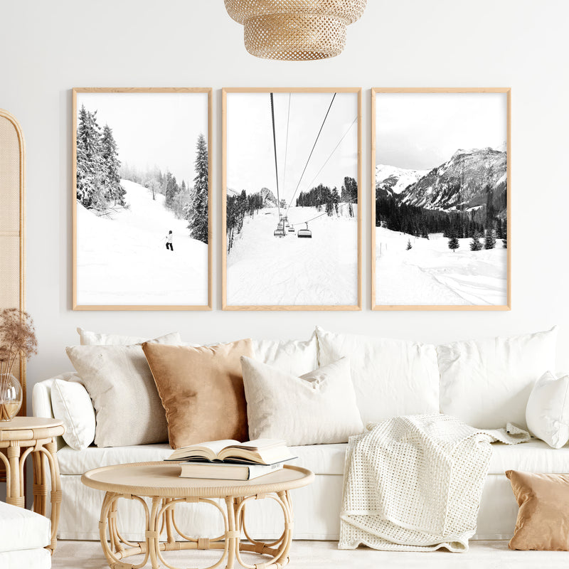 3 Piece Black White Winter Sport Wall Art Set. Ski Lodge - Natural Wood Framed Poster No Border - Artworksets