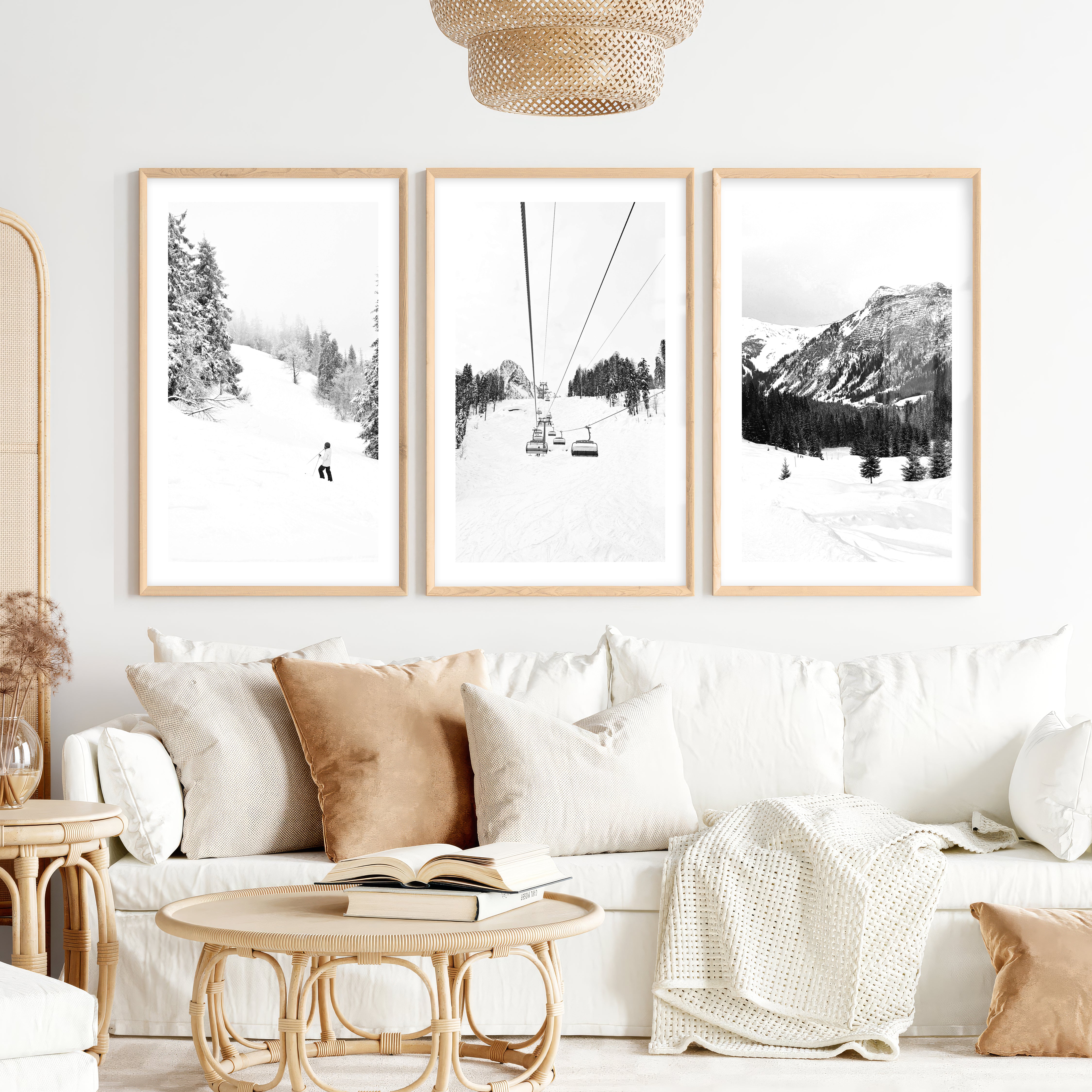 3 Piece Black White Winter Sport Wall Art Set. Ski Lodge- Natural Wood Framed Poster with White Border - Artworksets