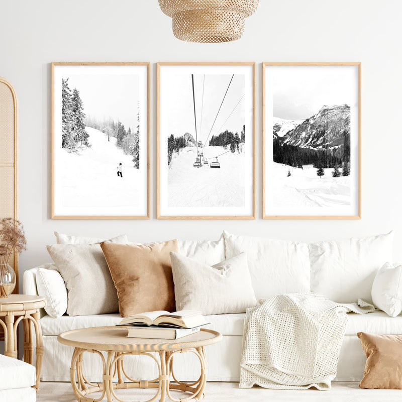 3 Piece Black White Winter Sport Wall Art Set. Ski Lodge- Natural Wood Framed Poster with White Border - Artworksets