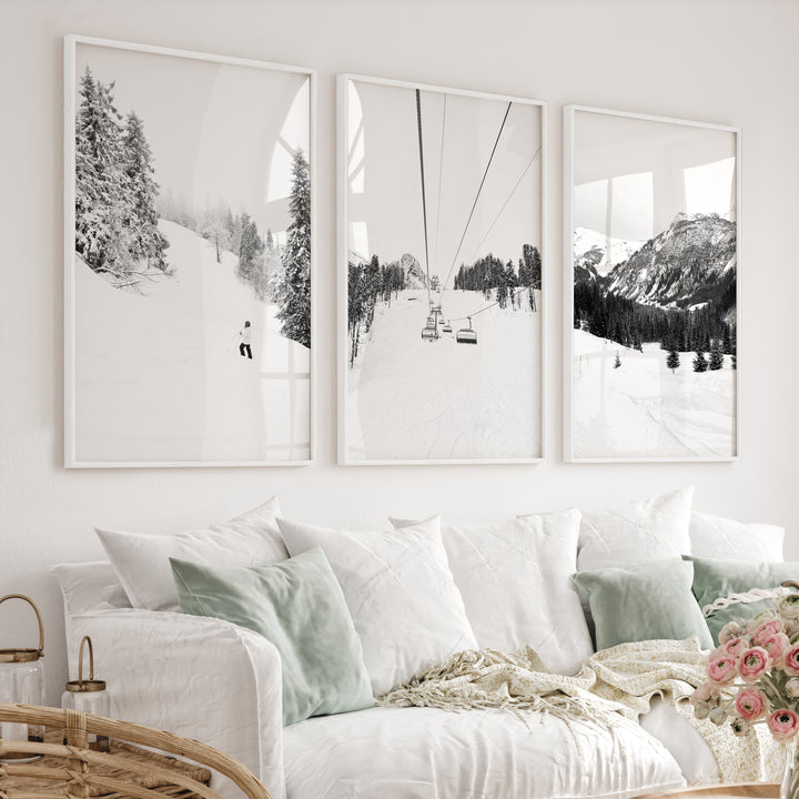 3 Piece Black White Winter Sport Wall Art Set. Ski Lodge - White Framed Poster No Border - Artworksets