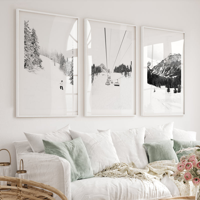 3 Piece Black White Winter Sport Wall Art Set. Ski Lodge - White Framed Poster with White Border - Artworksets