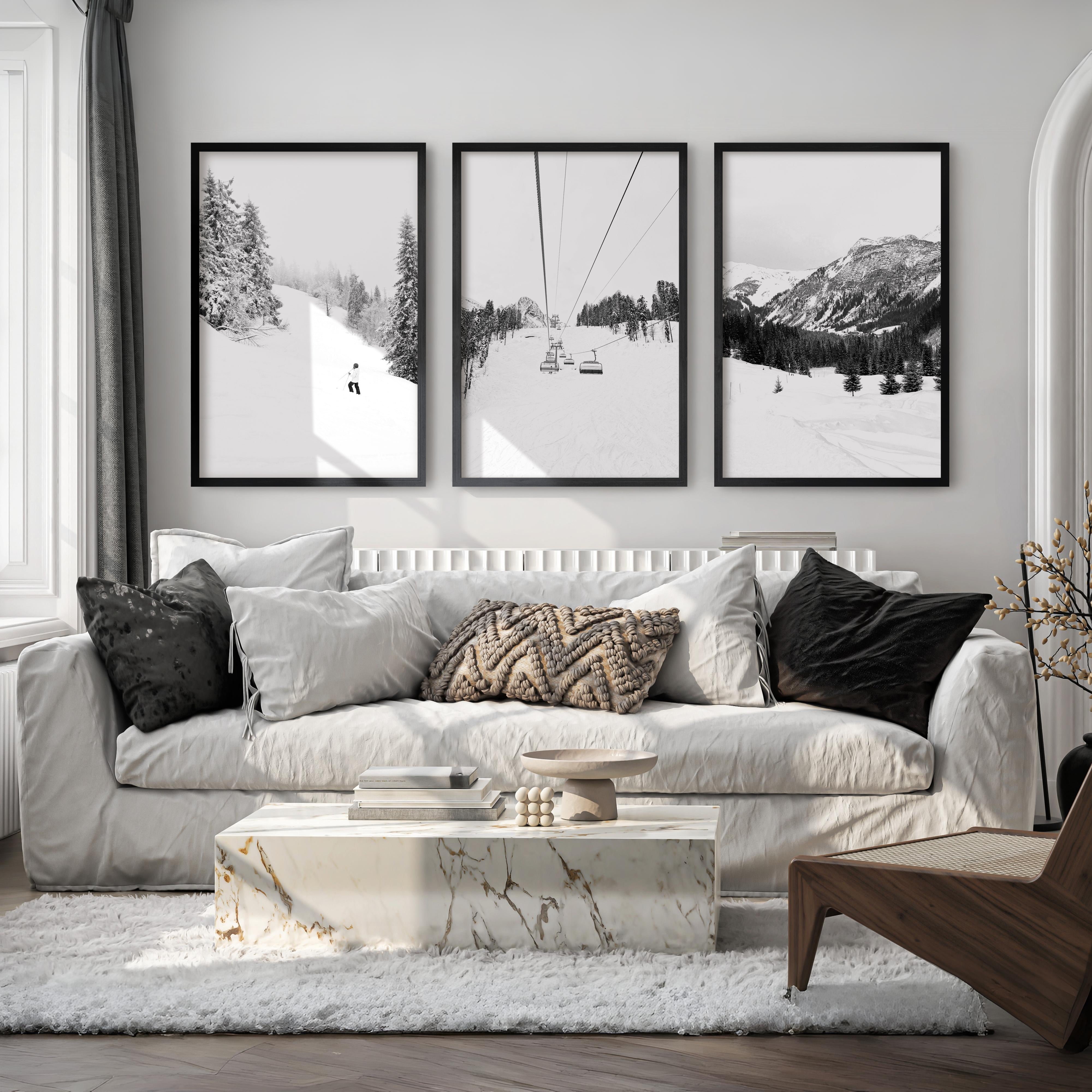 3 Piece Black White Winter Sport Wall Art Set. Ski Lodge - Black Framed Poster No Border - Artworksets